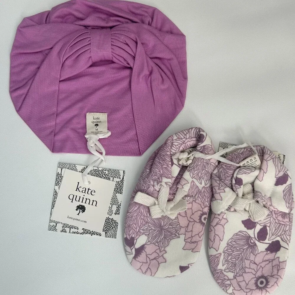 NWT Kate Quinn Purple Floral Baby Booties & Head Wrap Set 12–18M